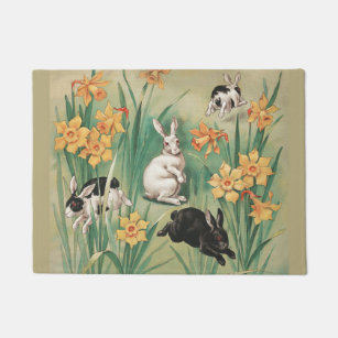 Cute Bunnies with Daffodil Flowers Antique Easter Doormat
