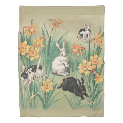 Cute Bunnies with Daffodil Flowers Antique Easter Duvet Cover