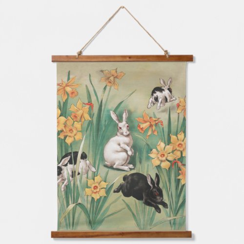 Cute Bunnies with Daffodil Flowers Antique Easter Hanging Tapestry