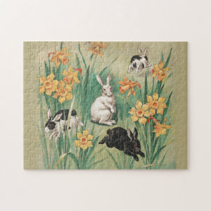 Cute Bunnies with Daffodil Flowers Antique Easter Jigsaw Puzzle
