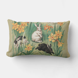 Cute Bunnies with Daffodil Flowers Antique Easter Lumbar Pillow