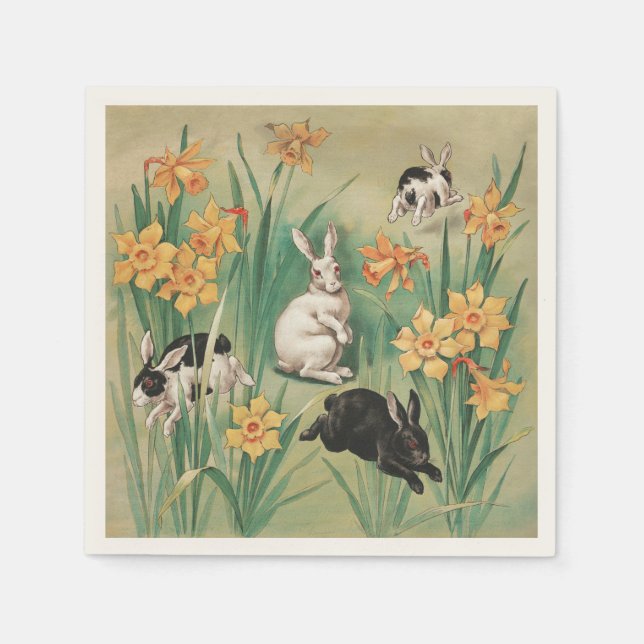 Cute Bunnies with Daffodil Flowers Antique Easter Napkins (Front)
