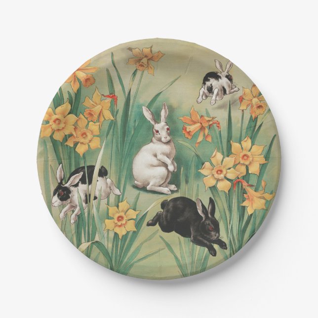 Cute Bunnies with Daffodil Flowers Antique Easter Paper Plates (Front)