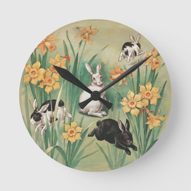 Cute Bunnies with Daffodil Flowers Antique Easter Round Clock (Front)