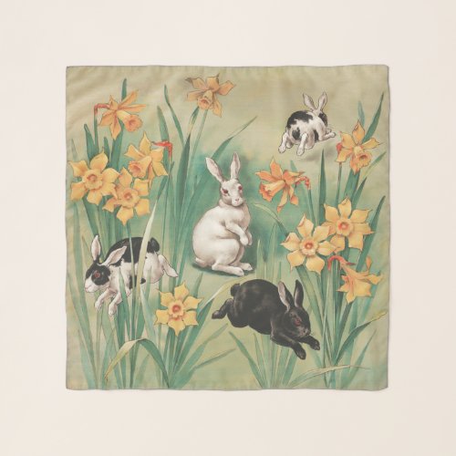 Cute Bunnies with Daffodil Flowers Antique Easter Scarf