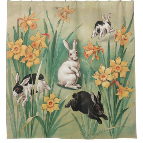 Cute Bunnies with Daffodil Flowers Antique Easter Shower Curtain