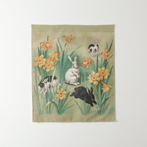 Cute Bunnies with Daffodil Flowers Antique Easter Tapestry