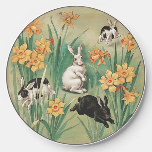 Cute Bunnies with Daffodil Flowers Antique Easter Wireless Charger