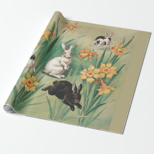 Cute Bunnies with Daffodil Flowers Antique Easter Wrapping Paper