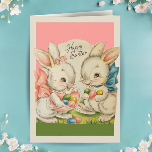 Cute Bunnies with Eggs Custom Vintage Easter Holiday Card