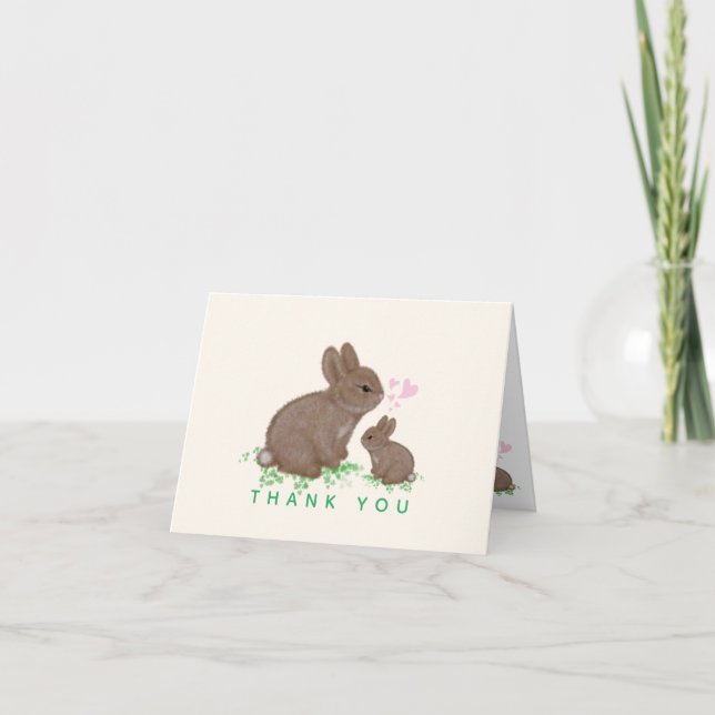Cute Bunnies with Hearts Baby Shower Thank You Card (Front)