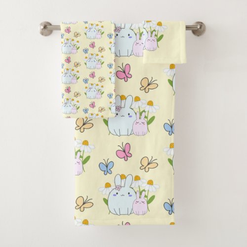 Cute Bunnies with Spring Daisies and Butterflies Bath Towel Set