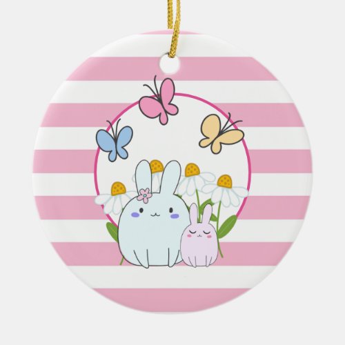 Cute Bunnies with Spring Daisies and Butterflies Ceramic Ornament