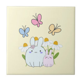 Cute Bunnies with Spring Daisies and Butterflies Ceramic Tile