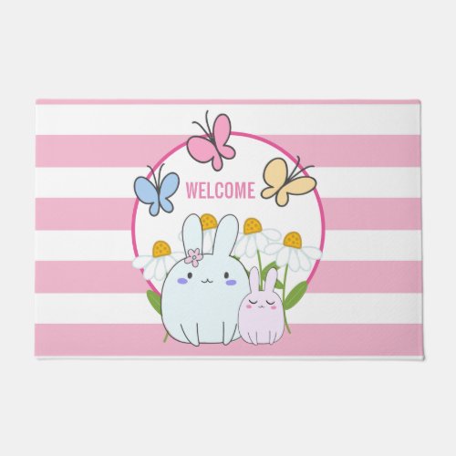 Cute Bunnies with Spring Daisies and Butterflies Doormat