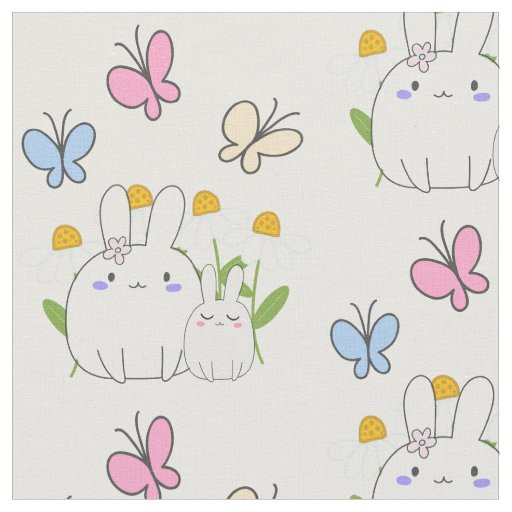 Cute Bunnies with Spring Daisies and Butterflies Fabric