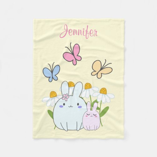 Cute Bunnies with Spring Daisies and Butterflies Fleece Blanket