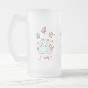 Cute Bunnies with Spring Daisies and Butterflies Frosted Glass Beer Mug