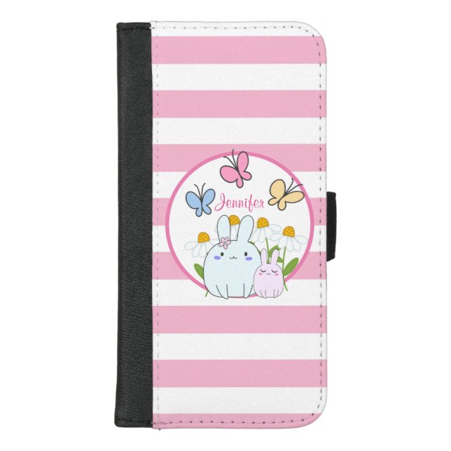 Cute Bunnies with Spring Daisies and Butterflies iPhone Wallet Case (Front)