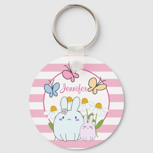 Cute Bunnies with Spring Daisies and Butterflies Keychain