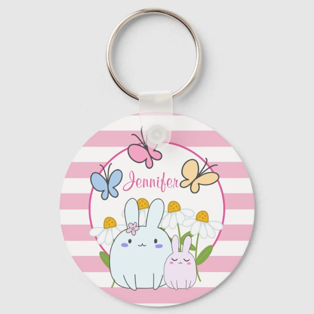 Cute Bunnies with Spring Daisies and Butterflies Keychain (Front)
