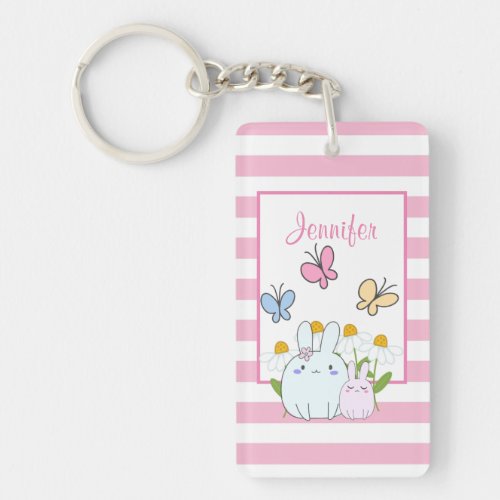 Cute Bunnies with Spring Daisies and Butterflies Keychain