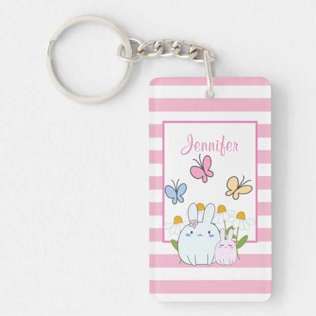 Cute Bunnies with Spring Daisies and Butterflies Keychain (Front)