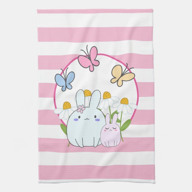 Cute Bunnies with Spring Daisies and Butterflies Kitchen Towel (Vertical)