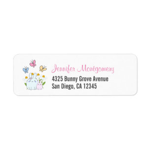 Cute Bunnies with Spring Daisies and Butterflies Label