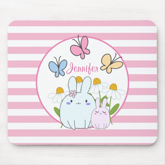 Cute Bunnies with Spring Daisies and Butterflies Mouse Pad (Front)