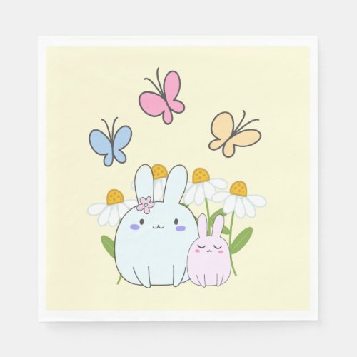Cute Bunnies with Spring Daisies and Butterflies Napkins