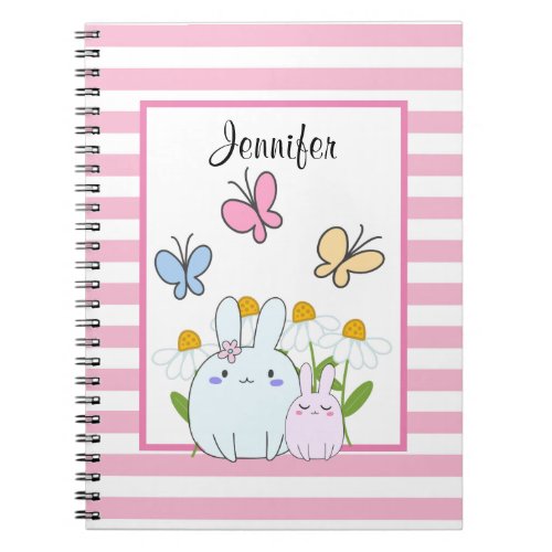 Cute Bunnies with Spring Daisies and Butterflies Notebook