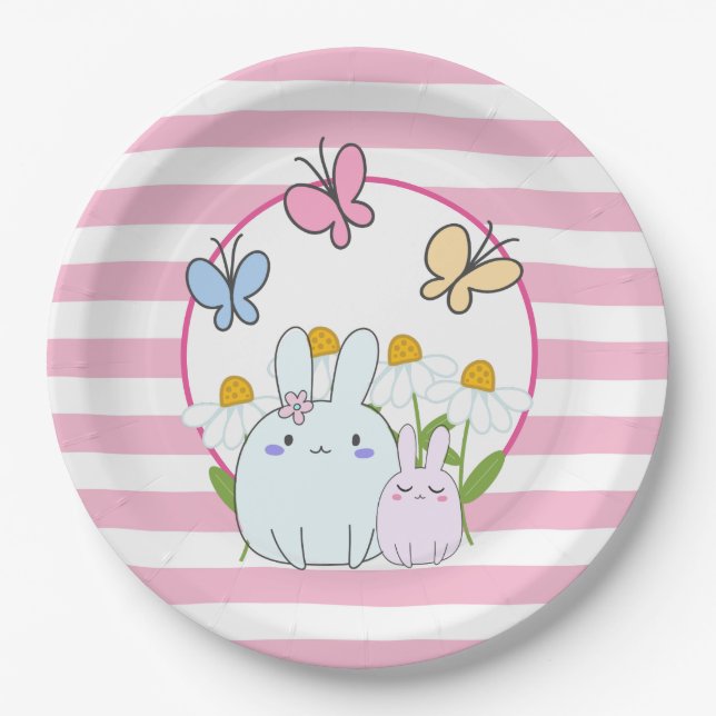 Cute Bunnies with Spring Daisies and Butterflies Paper Plates (Front)