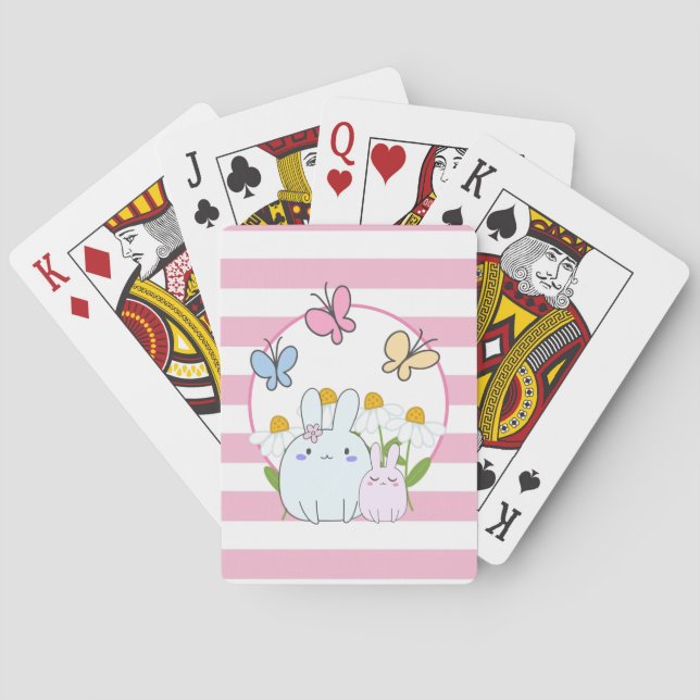 Cute Bunnies with Spring Daisies and Butterflies Poker Cards (Back)