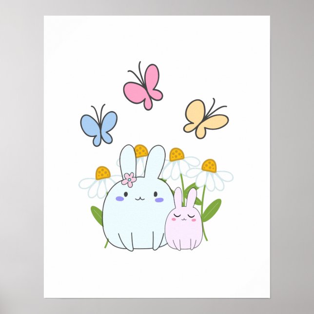 Cute Bunnies with Spring Daisies and Butterflies Poster (Front)