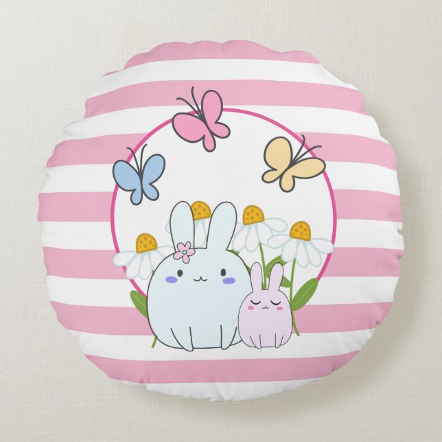 Cute Bunnies with Spring Daisies and Butterflies Round Pillow (Front)