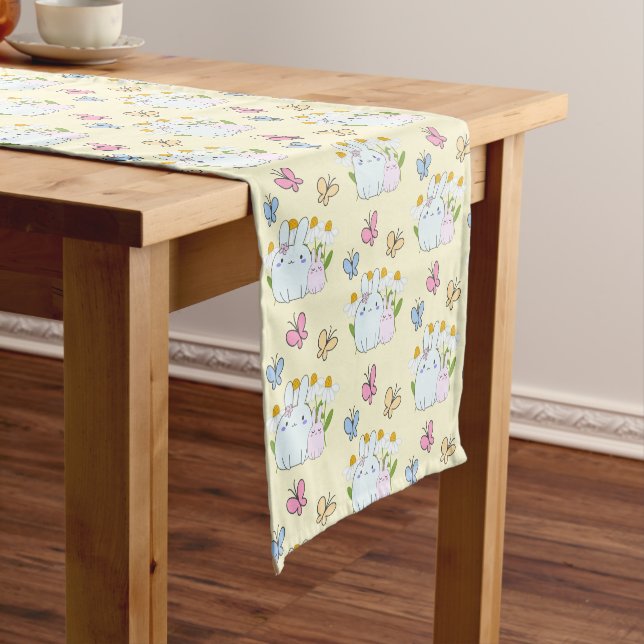 Cute Bunnies with Spring Daisies and Butterflies Short Table Runner (In Situ)