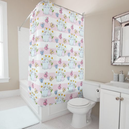 Cute Bunnies with Spring Daisies and Butterflies Shower Curtain