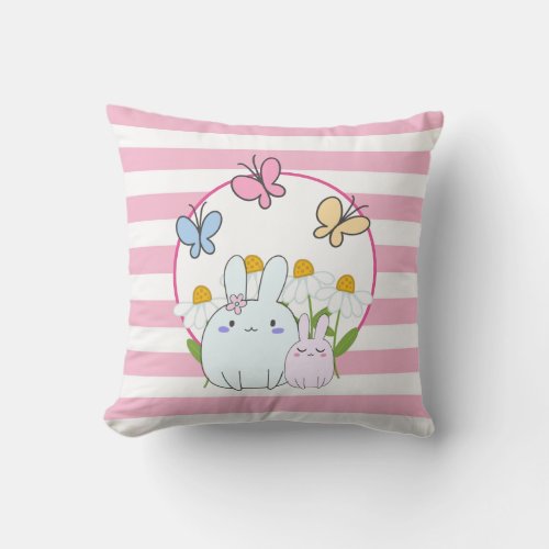 Cute Bunnies with Spring Daisies and Butterflies Throw Pillow