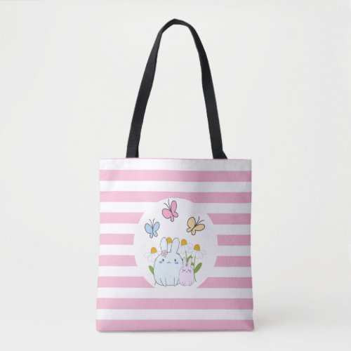 Cute Bunnies with Spring Daisies and Butterflies Tote Bag