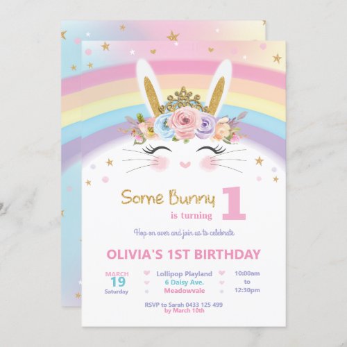 Cute Bunny 1st Birthday Girls Rainbow Rabbit Invitation