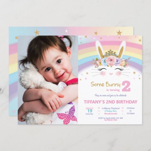 Cute Bunny 1st Birthday Girls Rainbow Rabbit Photo Invitation