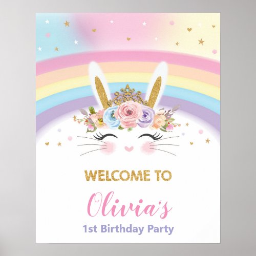 Cute Bunny 1st Birthday Rainbow Welcome Sign Decor