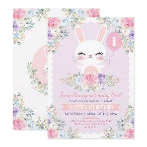 Cute Bunny 1st Birthday Spring Floral Rabbit Party Invitation