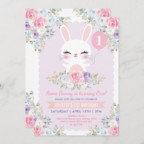 Cute Bunny 1st Birthday Spring Floral Rabbit Party Invitation