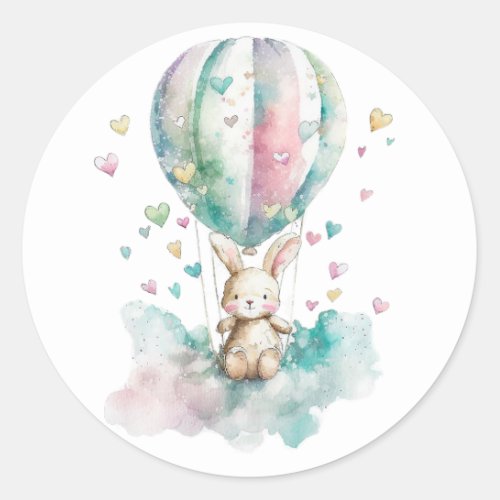 Cute bunny and balloon watercolor hearts classic round sticker