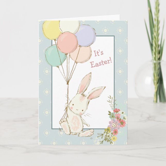 Cute Bunny and Balloons Easter Card (Front)