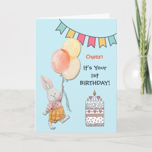 Cute Bunny and Balloons First Birthday Holiday Card