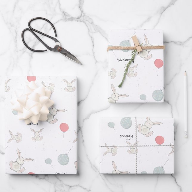 Cute Bunny and Balloons Personalized Wrapping Paper Sheets (Front)