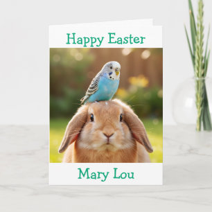 Cute Bunny and Blue Budge Personalized Easter Card